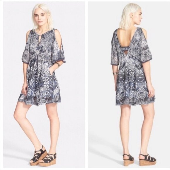 Free People blue printed Love Birds  mini dress / long tunic bohemian w/pockets - Picture 16 of 16